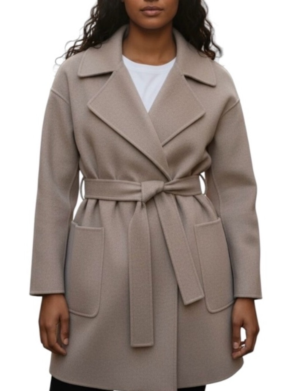 Halston Heritage 100% Wool Grey Taupe Belted Pockets Open Front Pea Coat XS